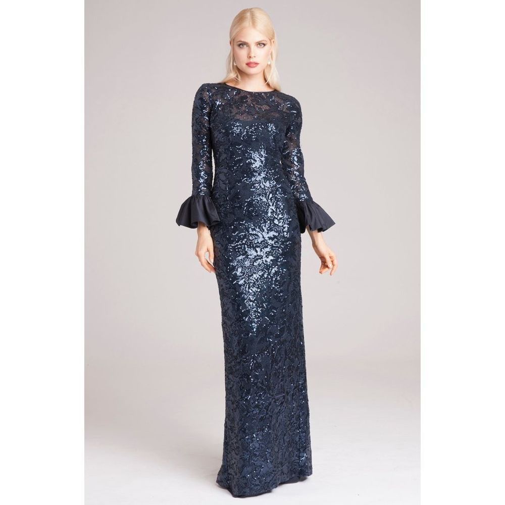 Teri Jon Long Bell Sleeve Sequin Sheath Gown